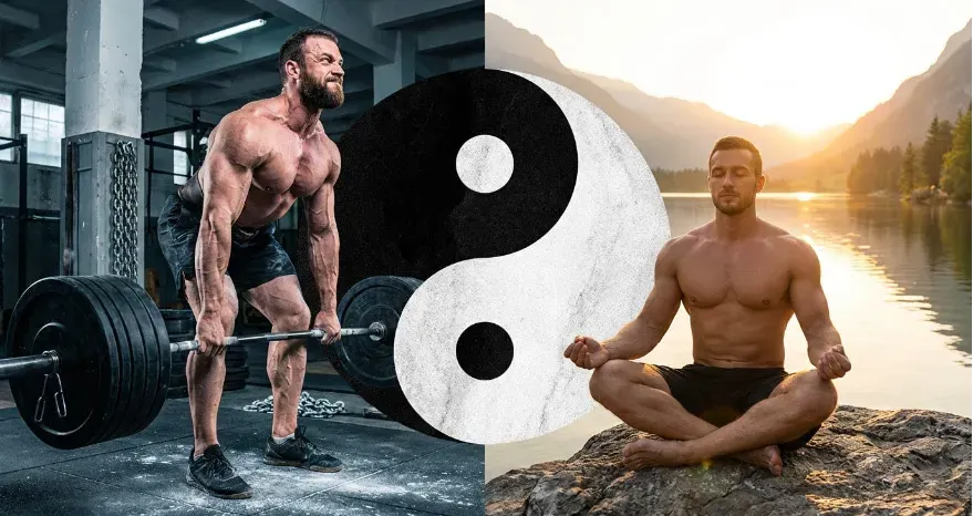 Visual contrast between intense training stress and restorative recovery, symbolizing balance.