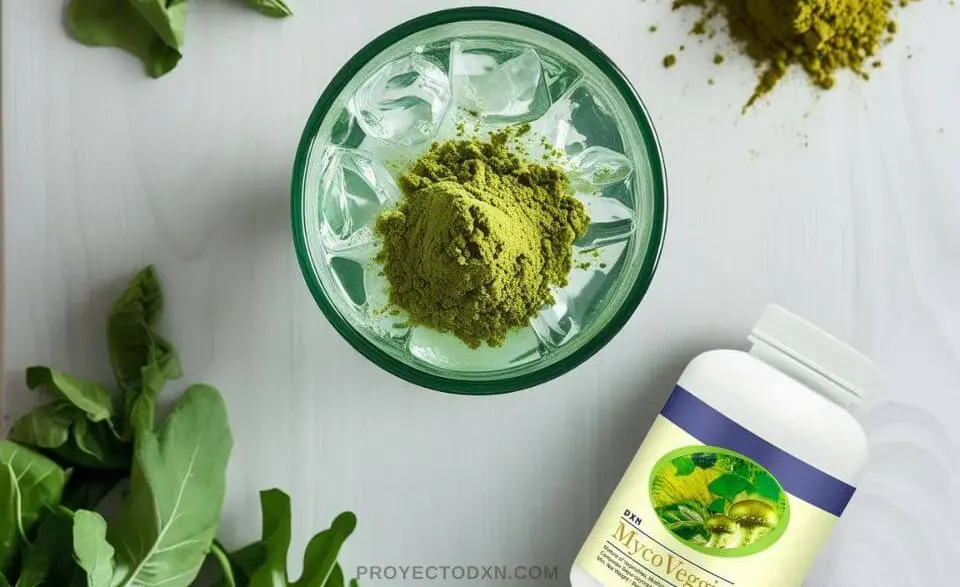 Vaso de MycoVeggie de DXN, una mezcla de fibra dietética con hongos y hierbas para apoyar la salud digestiva y la desintoxicación.