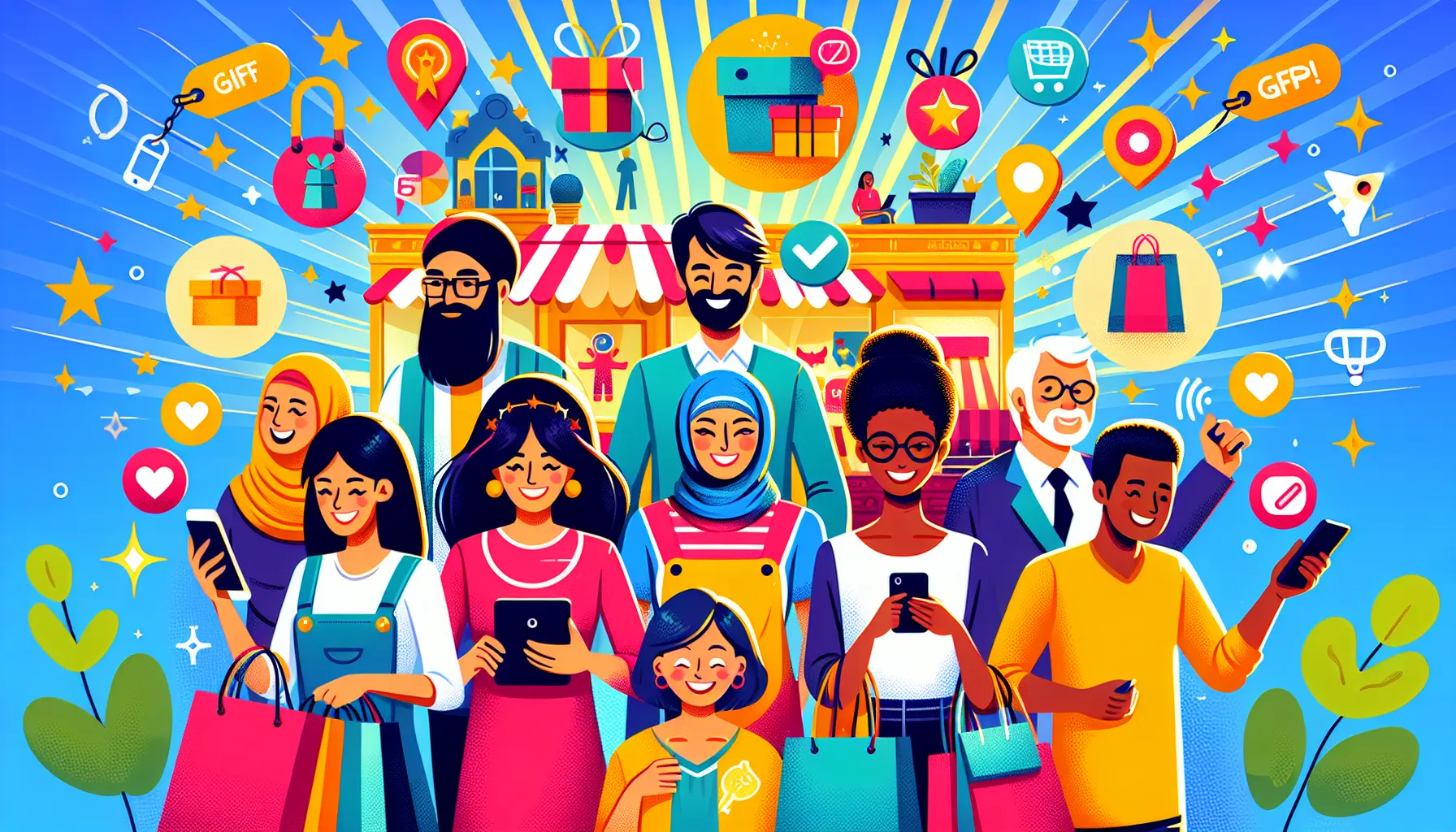 A diverse group of people stand smiling with shopping bags and devices in hand, in front of a store under a vibrant sky filled with shopping icons, bags, and stars, illustrating how a loyalty program encourages sales and customer loyalty through repeat purchases.