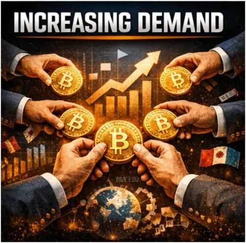 Illustration of rising Bitcoin demand: institutional hands reaching for Bitcoin coins, ETF labels, and global adoption symbols, with an upward arrow graph and economic inflow indicators — depicting the mechanics of increasing demand against fixed supply.