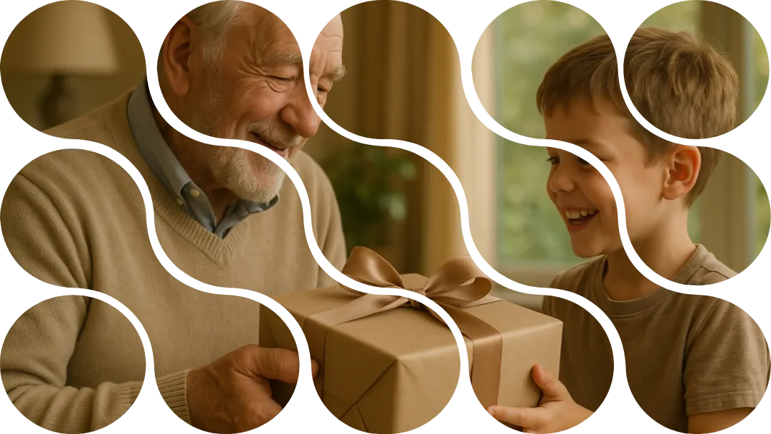 Idoso dando um presente para uma criança