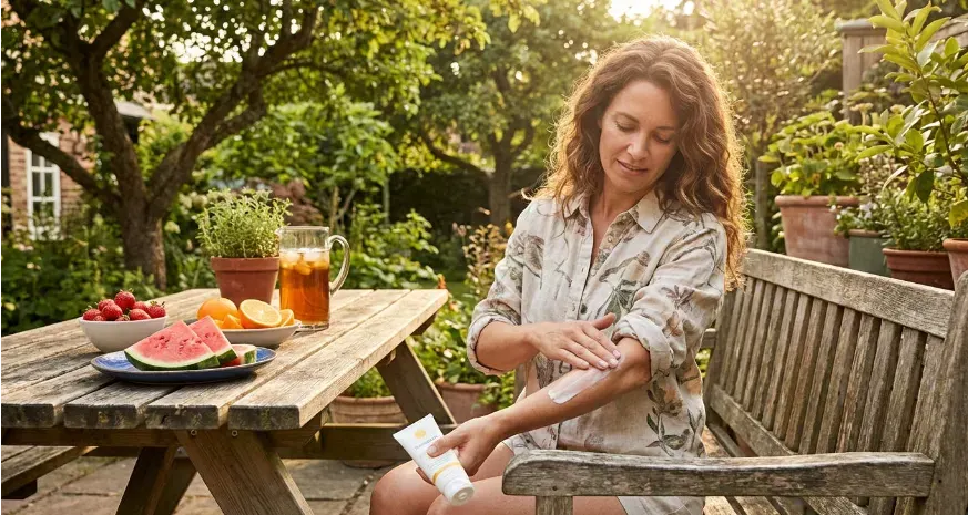 Woman applying sunscreen outdoors in her backyard in natural light. Next to her on a picnic table is an assortment of fruits.