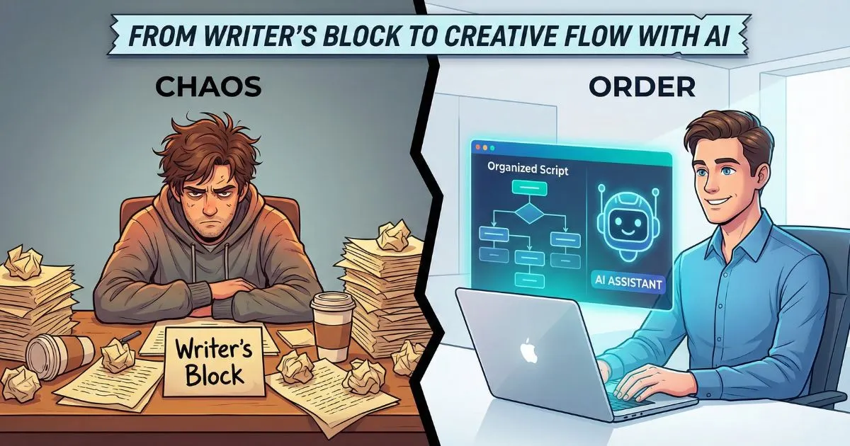 Before and after of a content creator using AI for YouTube to organize scripts.