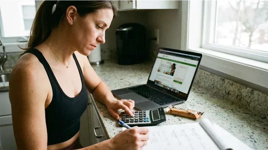 Person calculating protein needs with calculator and notepad