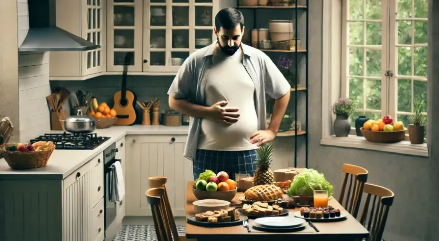 a man in the doorway of his kitchen with visible belly fat, looking at a table full of food with a look of despair. 