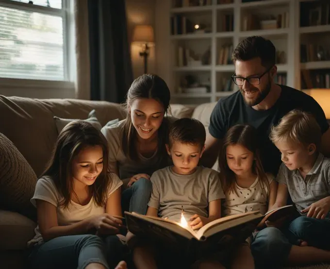 family reading a book at home