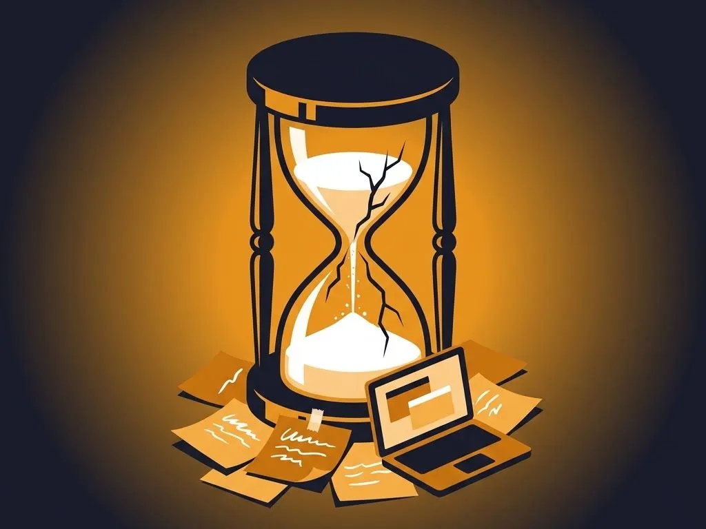 Cracked hourglass leaking sand onto a scattered pile of to-do lists and sticky  notes on a business desk — illustrating time lost to operational bottlenecks.