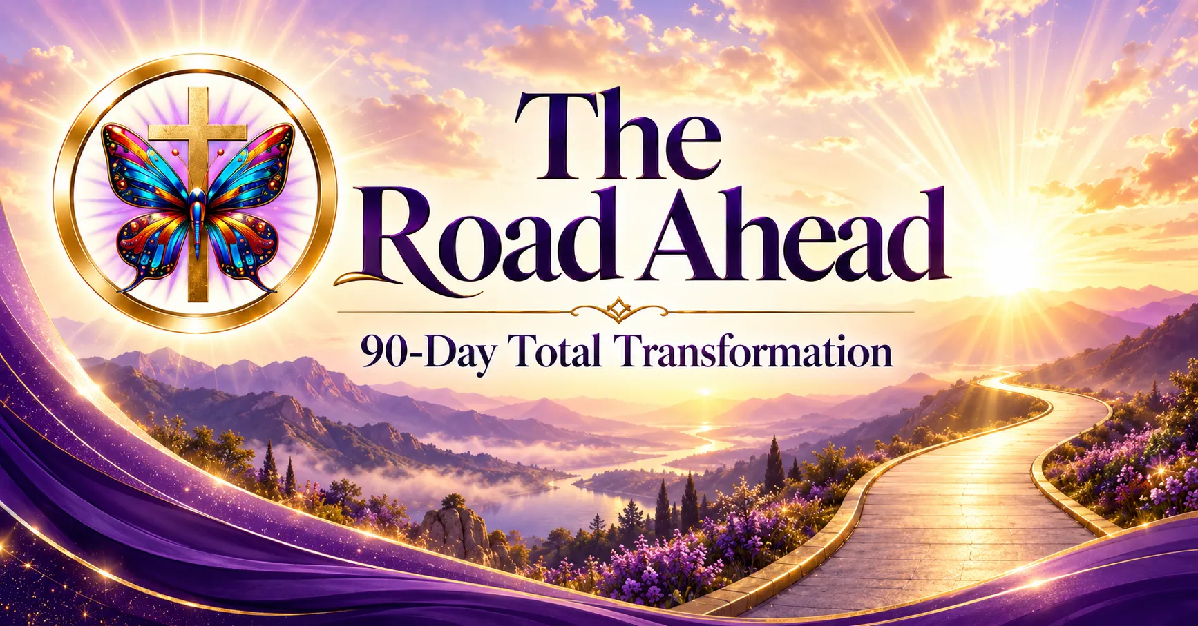 Inspirational Christian transformation banner titled “The Road Ahead” in large, elegant deep-purple lettering, with “90-Day Total Transformation” centered beneath it. On the left, a radiant circular gold emblem contains a Christian cross behind a vivid butterfly with blue, purple, orange, and gold wings, symbolizing faith, renewal, and transformation. The background opens onto a sweeping mountain landscape at sunrise. Brilliant golden light breaks through soft peach, lavender, and pink clouds, illuminating layered mountain peaks, mist-filled valleys, and a winding river below. On the right, a glowing paved road curves through the mountains toward the bright horizon, visually representing the journey still ahead. Purple wildflowers and dark evergreen trees line the roadside and overlook. Flowing purple ribbons edged in gold sweep across the lower portion of the design, adding movement and continuity. The overall composition uses radiant sunlight, an open road, expansive mountains, and faith-centered symbolism to convey hope, forward progress, spiritual renewal, and anticipation for the next stage of the 90-Day Total Transformation journey.