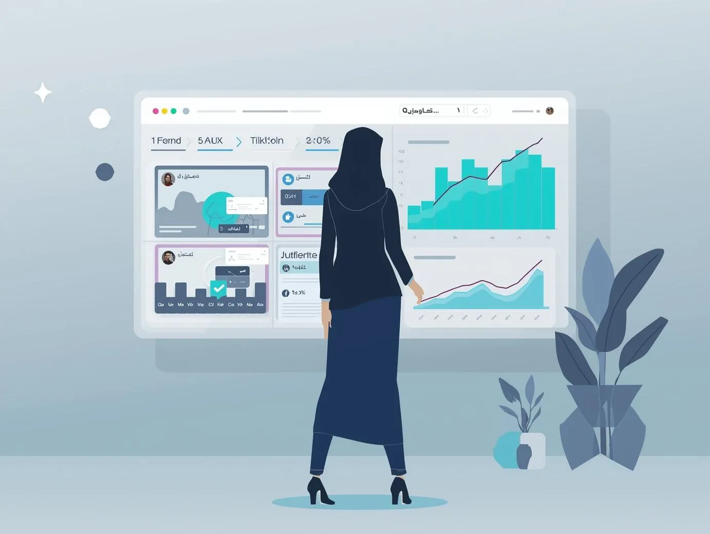 A digital illustration of a marketing professional using an AI-powered dashboard to streamline their social media marketing, featuring an automated content calendar and charts showing audience growth.
