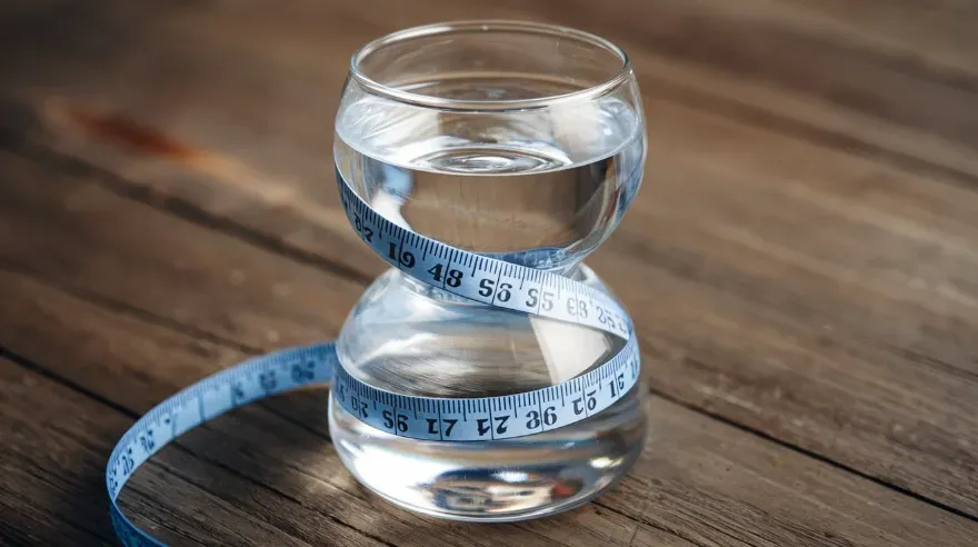 A nice clear inviting glass of water with a tape measure wrapped around the middle of the glass as if slightly squeezing the glass giving it an hourglass shape.