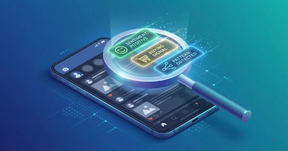 Magnifying glass revealing hidden AI insights on social media posts.