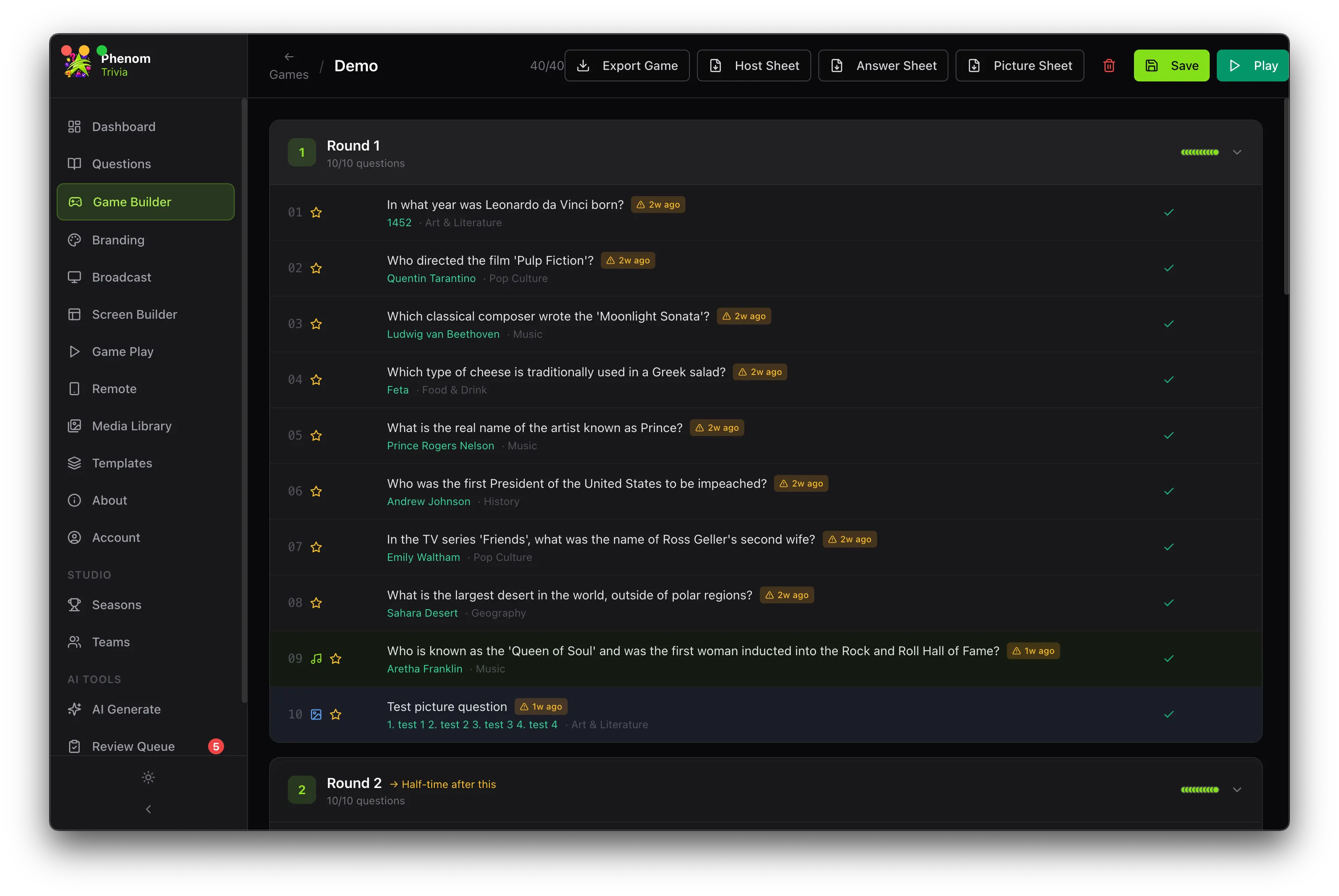 phenom trivia game builder