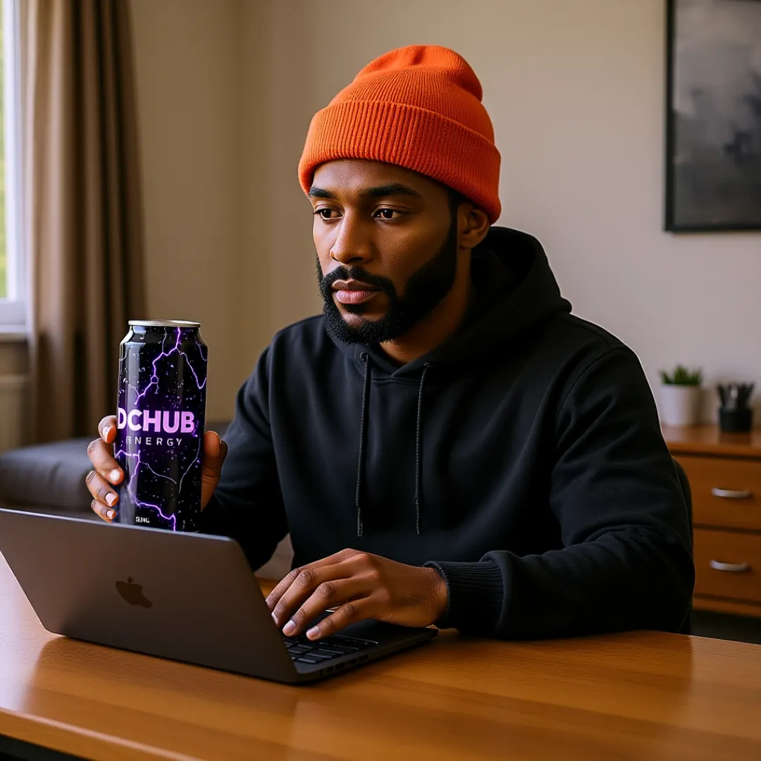 Young Black male working at his laptop holding an energy drink