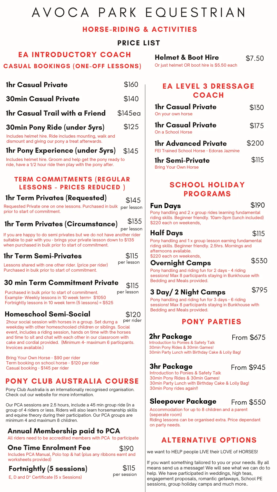 HORSE RIDING PRICE LIST
