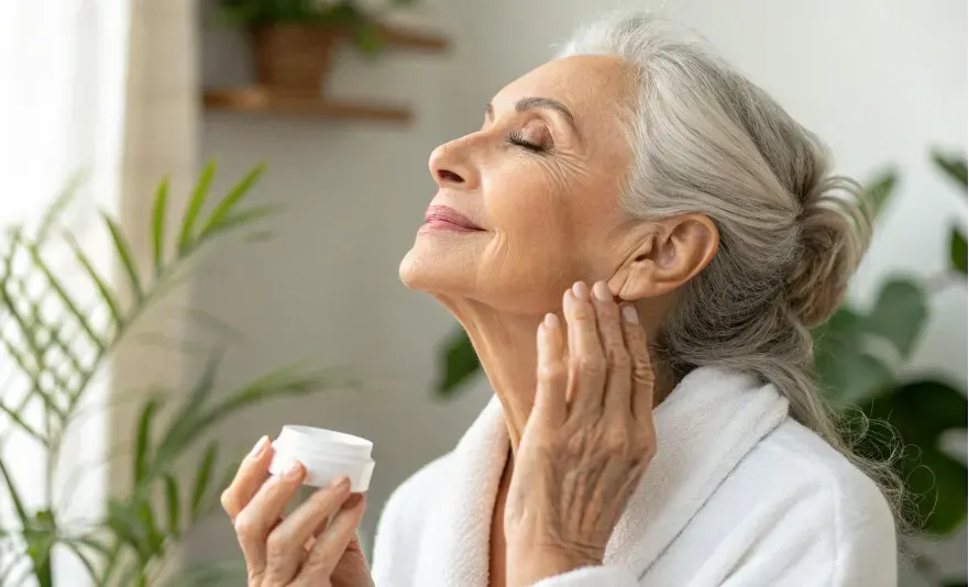 A serene, high-quality image of an older woman applying eye cream, showcasing graceful aging. Her expression is peaceful, embodying confidence and self-care. The setting is softly lit with a hint of background plants.