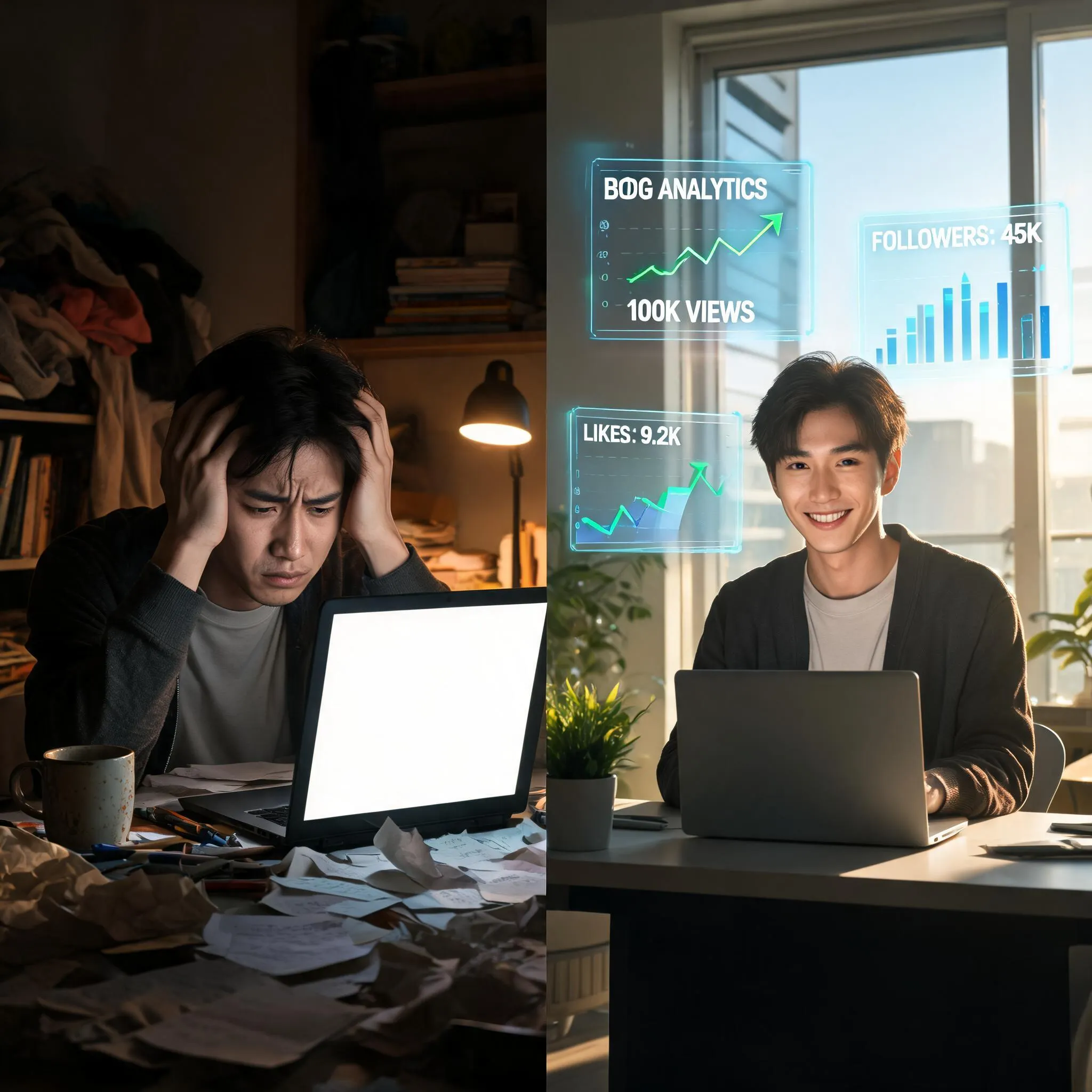 Beginner blogger transforming from confusion to success in a cinematic split-screen scene showing growth, clarity, and digital blogging success journey