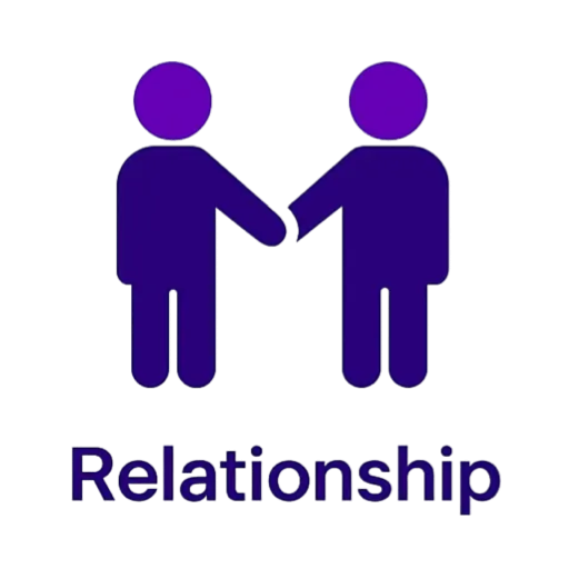 <alt=“Relationship icon showing two people shaking hands symbolizing client partnership and strategic collaboration.”>