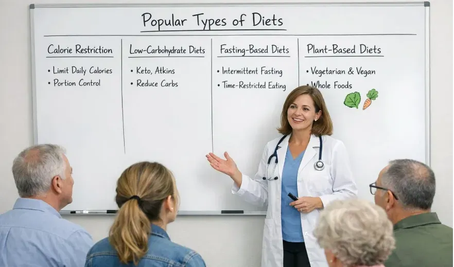 Someone who looks like a clinician speaking to a small workshop group about popular types of diets.