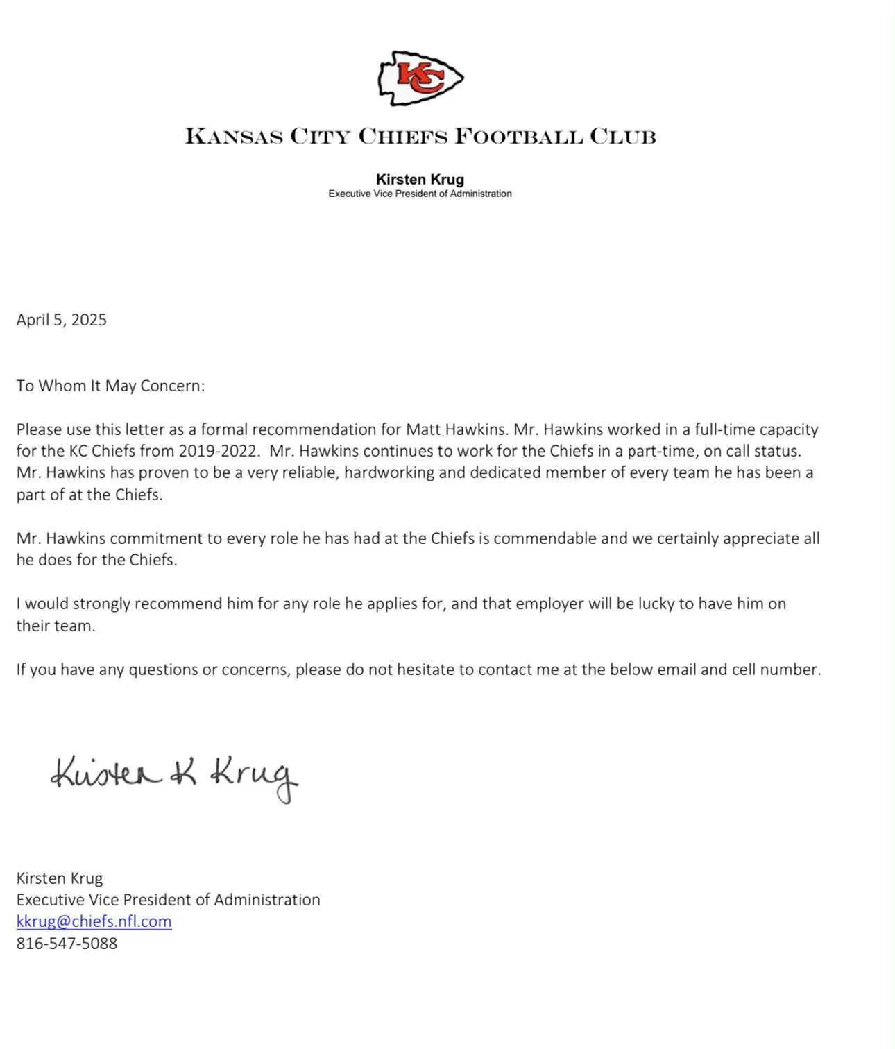 Kansas City Chiefs Reference Letter