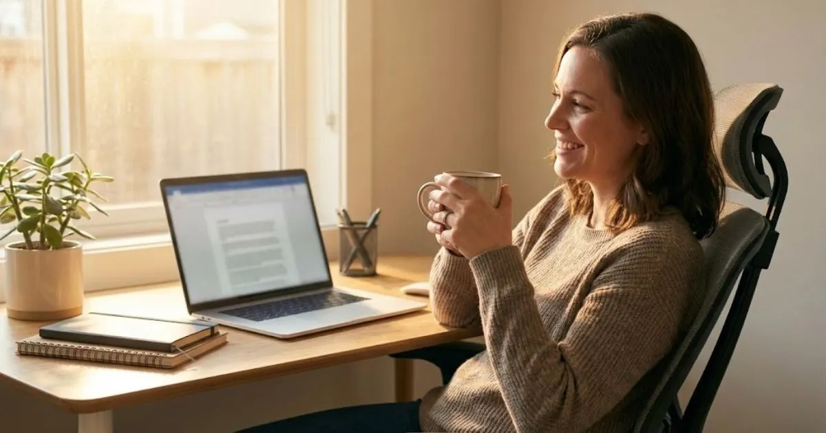 Professional female solopreneur smiling with relief at her laptop in a home office, holding coffee, representing time saved using expert AI marketing workflows.