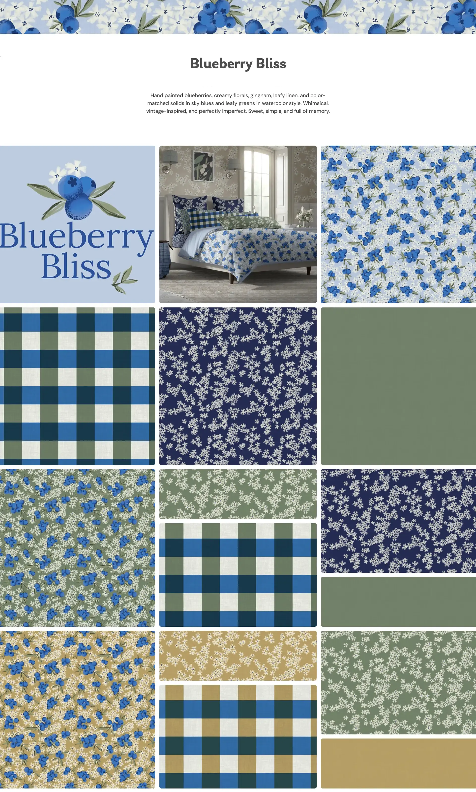 Blueberry Bliss collection board featuring hand-painted blueberry and floral repeat patterns in sky blue, cobalt, sage green, cream, and soft golden tan, with coordinating gingham checks, small floral blenders, solid color matches, a bedroom bedding mockup, and a sweet vintage-inspired watercolor style.