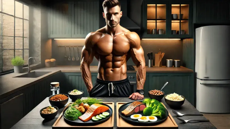 An image of a muscular, shirtless man standing behind a table with two plates of high-protein meals in a modern kitchen setting.