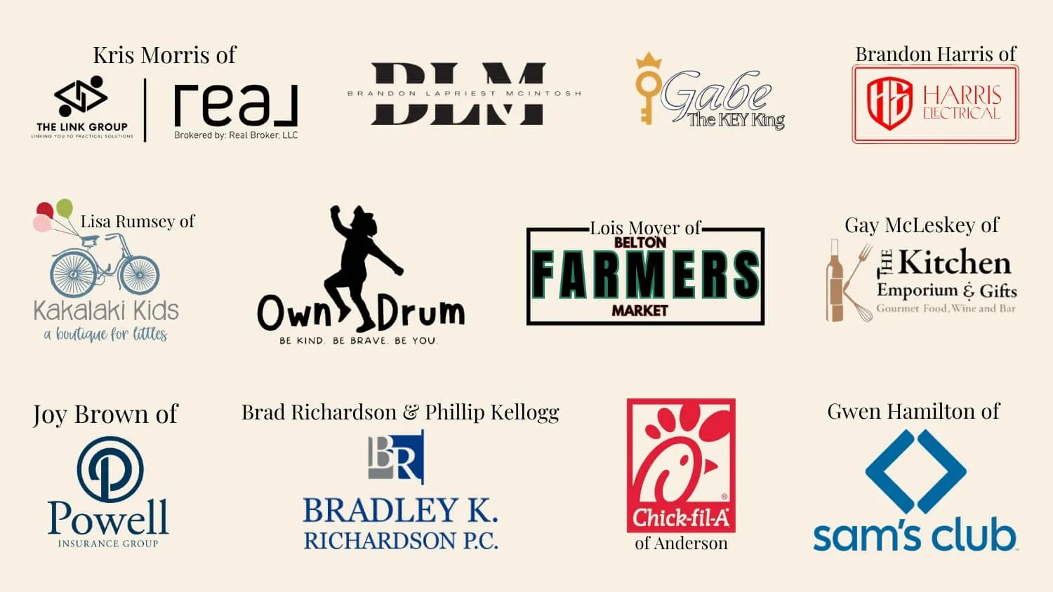 Logos of community donors and supporters of The Value Village Collective: Kris Morris of The Link Group & Real Broker, BLM Brandon LaPriest McIntosh, Gabe The KEY King, Brandon Harris of Harris Electrical, Lisa Rumsey of Kakalaki Kids, Own Your Drum, Lois Mover of Belton Farmers Market, Gay McLeskey of The Kitchen Emporium & Gifts, Joy Brown of Powell Insurance Group, Brad Richardson & Phillip Kellogg of Bradley K. Richardson P.C., Chick-fil-A of Anderson, and Gwen Hamilton of Sam's Club.