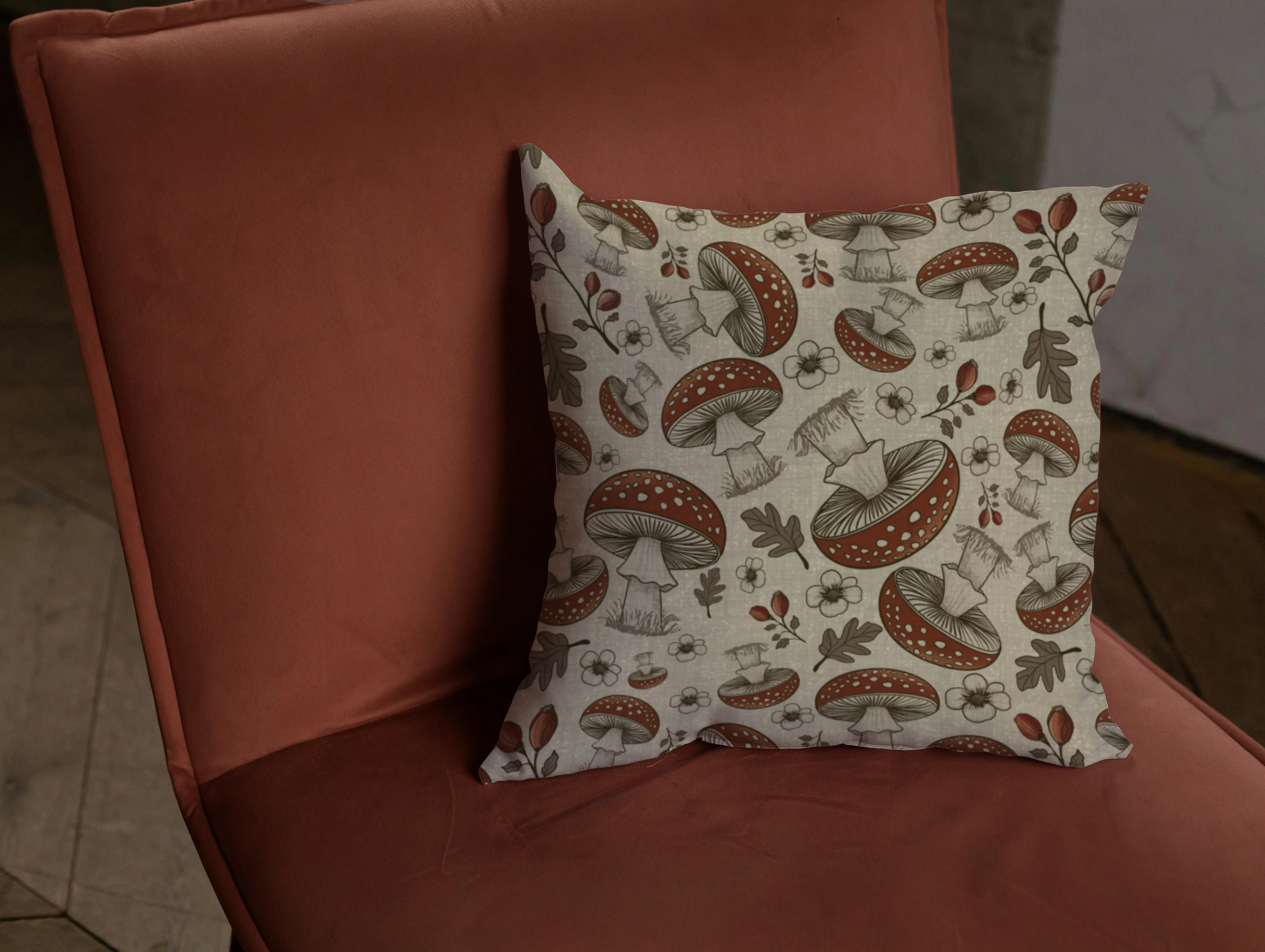 mushroom pillow on sienna colored chair