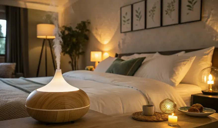 Calming Bedroom with Essential Oil Diffuser for Better Sleep