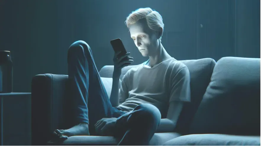 image of a person sitting on a couch, mindlessly scrolling on their phone, with a blank, zombie-like expression