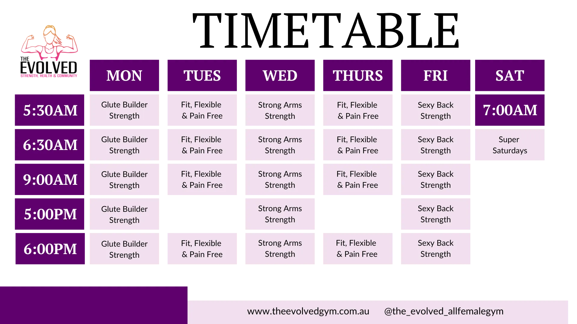 Our small group personal training timetable