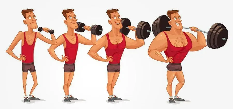 Cartoon representing the muscular development of a man from skinny to muscular.