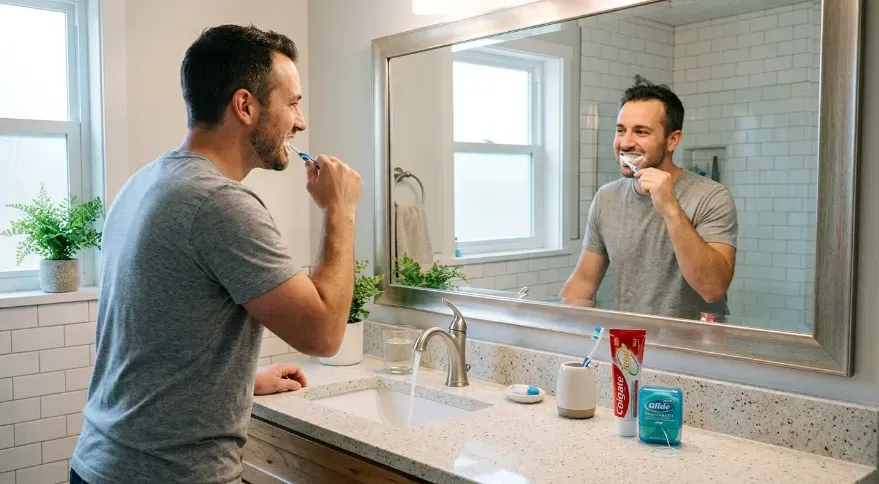 Person brushing teeth in front of a mirror with toothbrush and toothpaste.