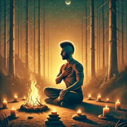 emotionally grounded manifestor man with a mohawk haircut sitting alone in quiet reflection beside a small campfire at dusk