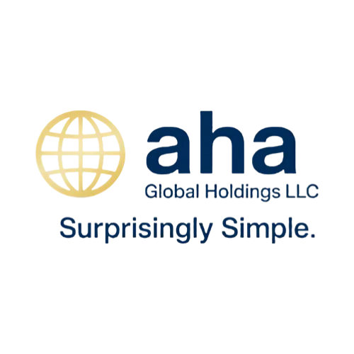 <alt=“AHA Global Holdings LLC logo featuring a gold globe icon and navy blue text with the tagline ‘Surprisingly Simple.”>