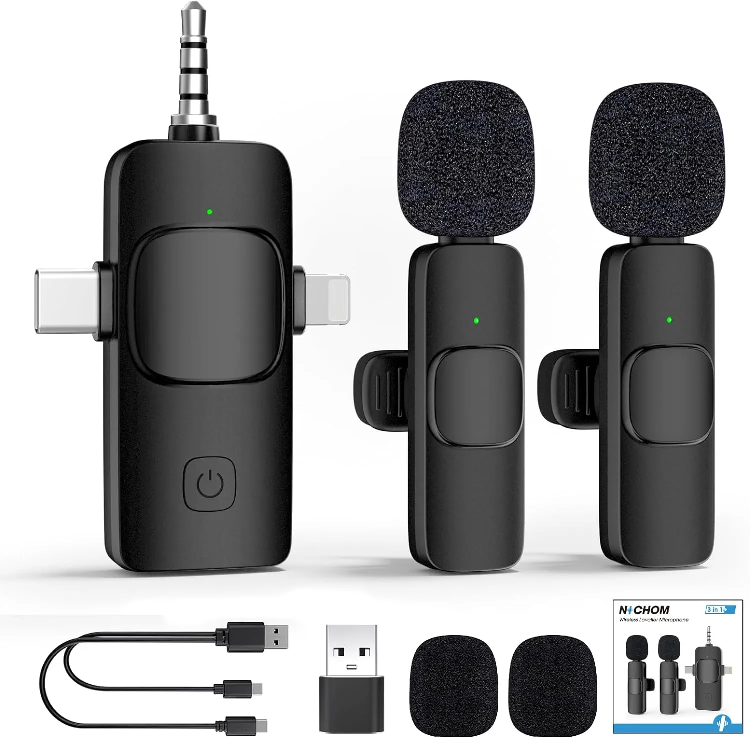 NICHOM 3 in 1 Wireless Microphone for iPhone, iPad, Android, Camera, Mini Microphones USB C, 12Hs Working Time, Lavalier Mic