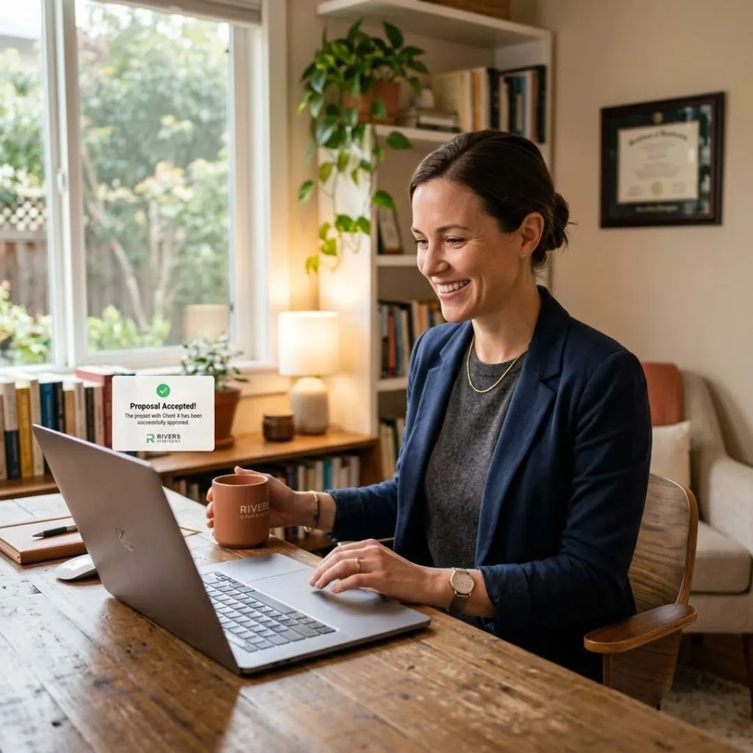 Relaxed agency owner winning a client proposal using AI tools.