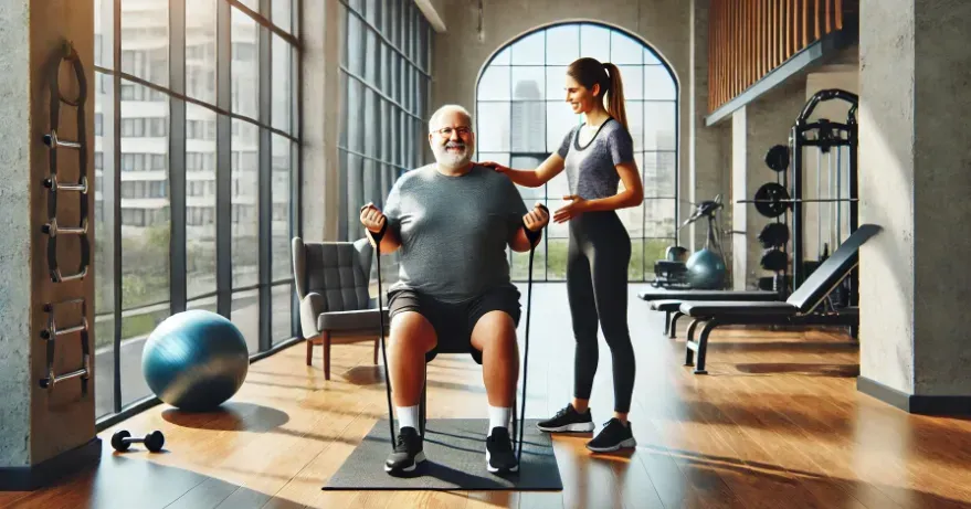 a black female trainer and an overweight white man exercising.