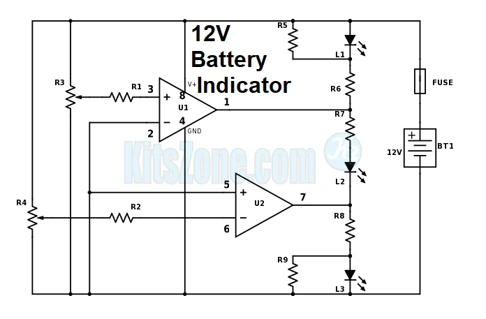 Battery Level Indicator Circuit Using Dual Op Amp Ic LM358 To Monitor 12V Battery