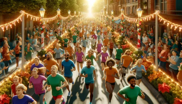 A group a happy smiling people running through what appears to be a festival or street fair.