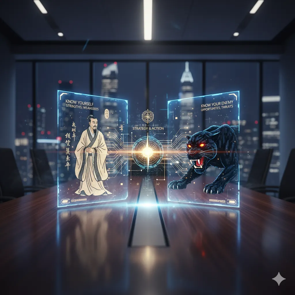 A holographic display on a boardroom table showing two glowing panels: one with an ancient Chinese strategist representing "Know Yourself" and the other with a fierce black panther representing "Know Your Enemy," connected by a central "Strategy & Action" hub, symbolizing Sun Tzu's wisdom in modern business.