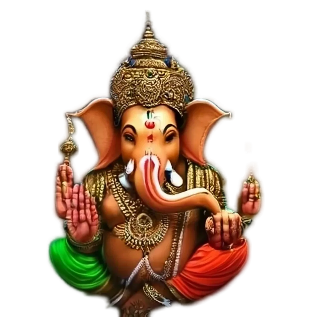 South Indian style Lord Ganesh decorated with flowers and eating modak
