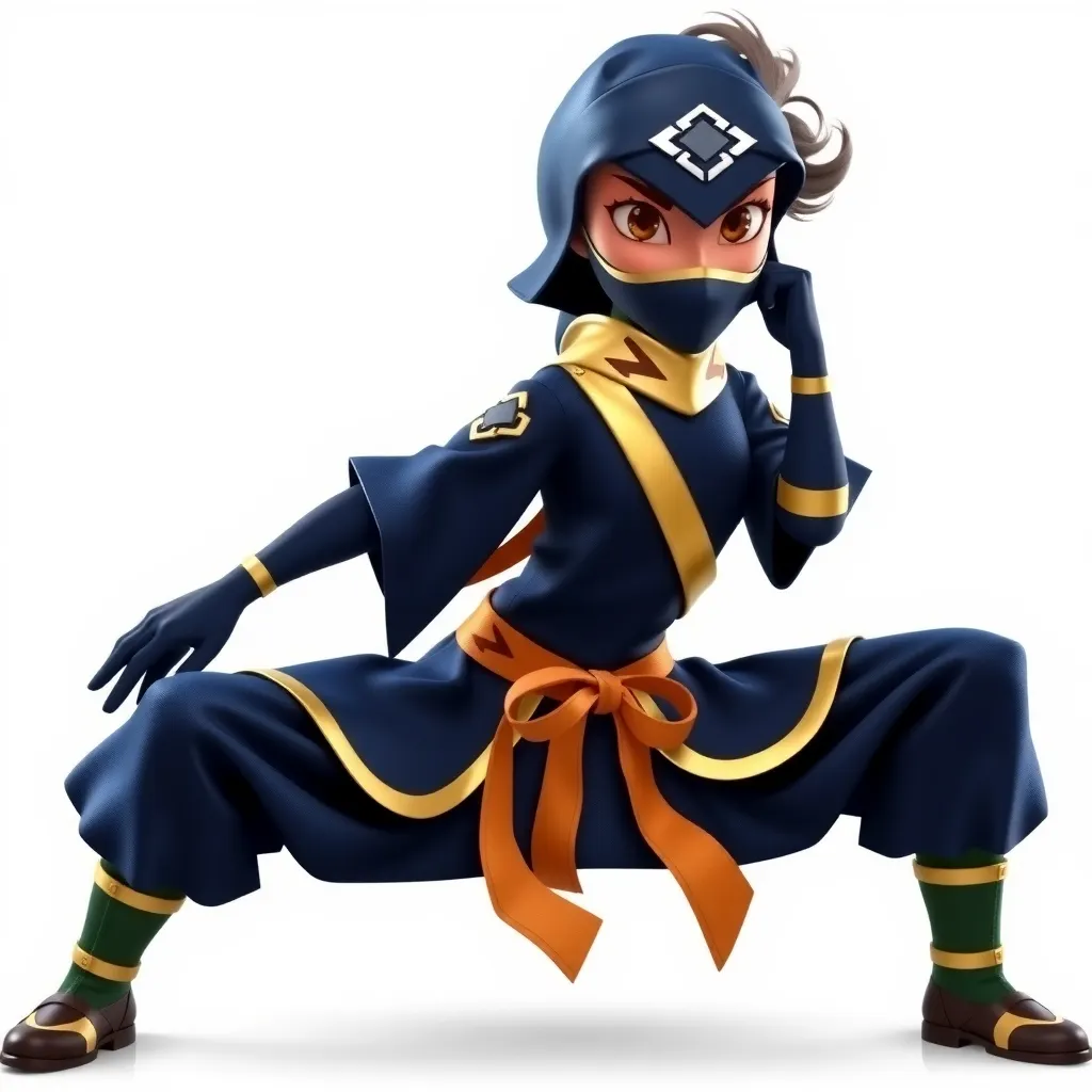 3D Pixar ninja wearing blue and gold outfit