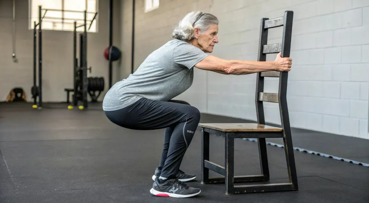 Functional sit-back squat variation for joint and hip mobility in an older woman