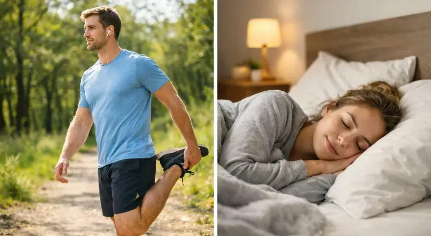 Split image showing one person doing light stretching or walking while another rests or sleeps, representing two recovery strategies.