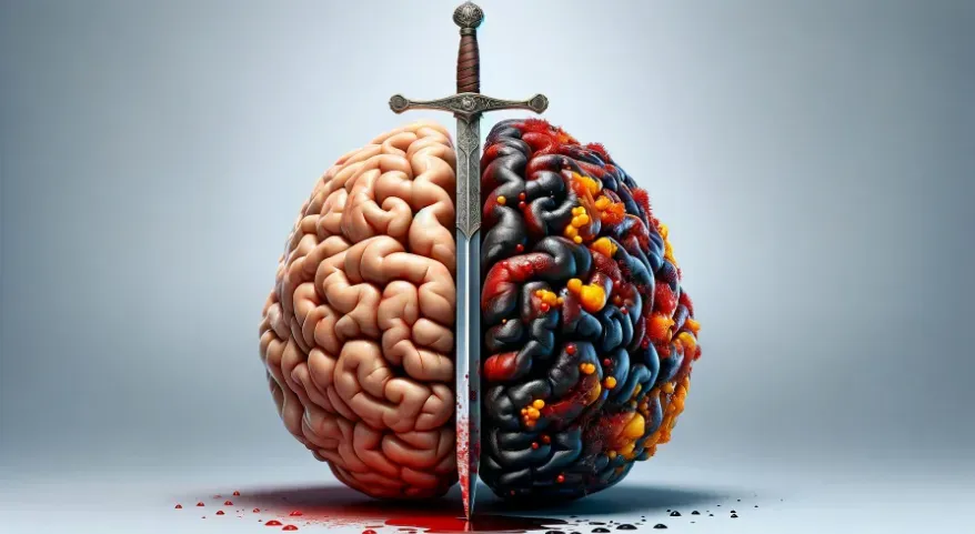 A split-image showing one half with a healthy vibrant brain and the other half depicting a brain with dark, oxidized sections. There is a sword right down the middle.