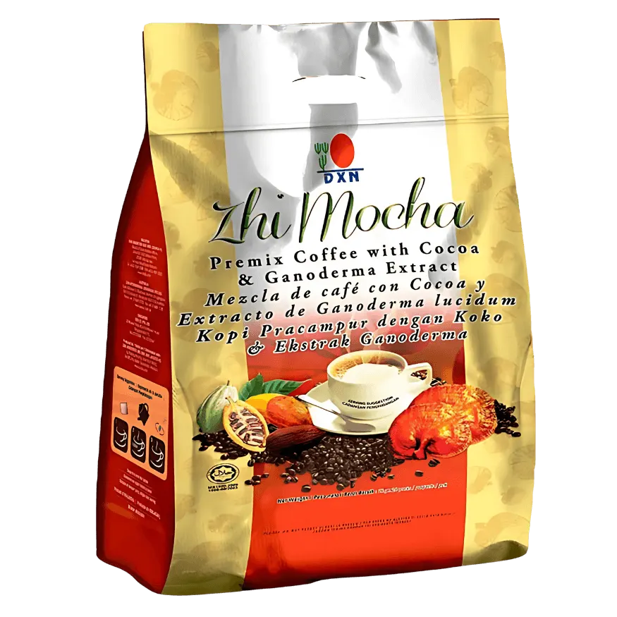 Bolsa de café Zhi Mocha de DXN, la combinación perfecta de café y cacao con los beneficios del Ganoderma.