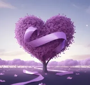 Purple heart-shaped tree wrapped with a ribbon under a glowing sky, symbolizing emotional healing and mindfulness