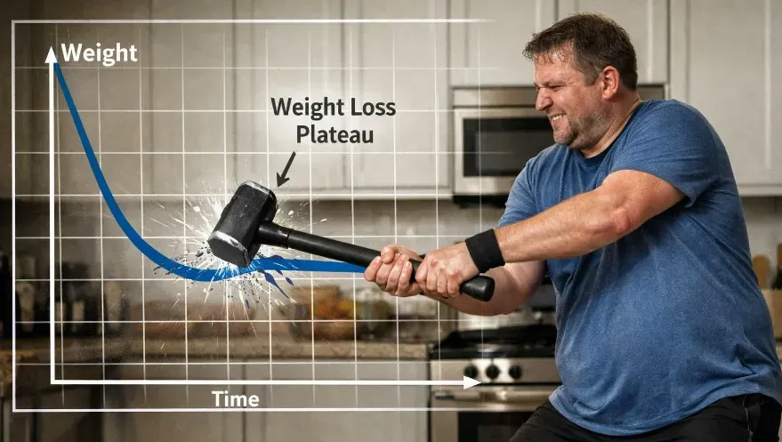 A slightly overweight man in workout clothes in his kitchen, swinging a sledgehammer at an overlay of a line graph showing weight loss curve flattening into a plateau.