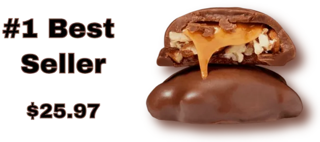 Two pieces of DeMet’s Turtles Pecan Milk Chocolate candy displayed on a white background. One piece is whole, while the other is cut in half and placed on top, clearly revealing thick layers of creamy milk chocolate, golden caramel, and crunchy pecans. The image highlights the rich, indulgent texture of each candy. Featured in the article ‘Create. Market. Flip. Repeat,’ which explores turning clutter into investment income.